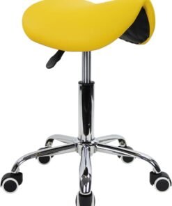 KKTONER Rolling Saddle Stool PU Leather Swivel Adjustable Rolling Stool with Wheels Salon Chair (Yellow)