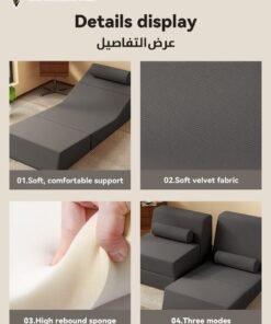 ROCKCAMEL 3-in-1 Super Elastic Sofa, Convertible Bed/Backrest Chair/Backrest Sofa, Breathable Linen Fabric, Detachable And Washable, Multi-Function Folding Couch Bed for Apartment/Bedroom/Office, Grey