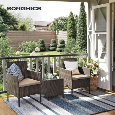 Songmics Modern Outdoor Lt Pf004 Rattan Patio Furniture Set, 2 Chair With Cushions And 1 Glass Table, Ideal For Garden, Balcony, And Office Lounge - Brown - Image 3