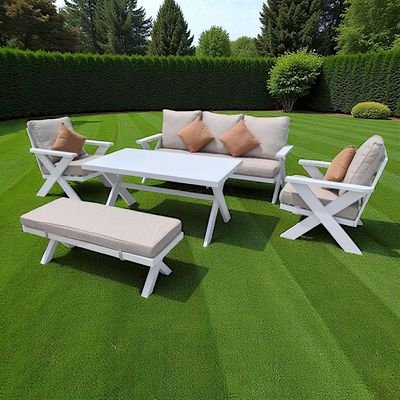 7-Seater Cross Legs White Aluminium Garden Sofa with Big Table - Image 3