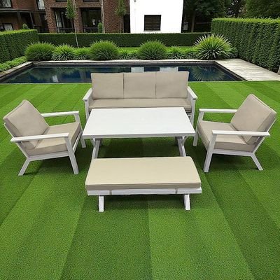 Premium 7-Seater White Outdoor Aluminium Sofa Set with Beige Cushions - Image 3