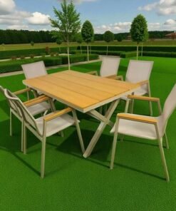 6-Seater Aluminium Outdoor Dining Set – Beige Frame with Faux Wooden-Top Table and Armrests