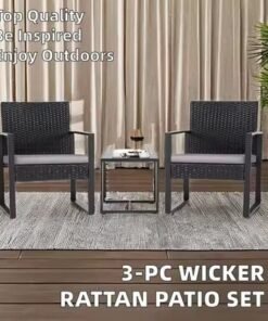 Balcony Outdoor Table And Cushioned Rattan Porch Chairs Set - Black - Image 3