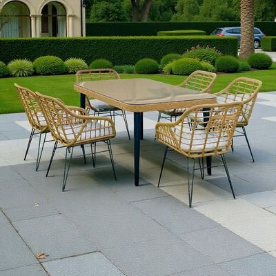 6-Seater Modern Outdoor Dining Set – Beige Rattan-Style Chairs with Steel Frame & Glass-Top Table - Image 3