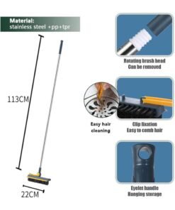 SOLARAE 3 in 1 Floor Scrub Brush, Tub Tile Scrubber with Long Adjustable Handle and Squeegee, Flexible Rotation Window Stiff Brush Cleaner for Kitchen, Bath, Bathtub, Floor, Baseboard, Wall, Patio, ‚Äã‚ÄãBlue