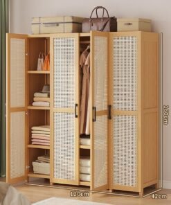 keke Natural Rattan 4 Door Wooden Wardrobe Freestanding Storage Cabinet with Shelves & Hanging Space Size 160cm 120cm 42cm