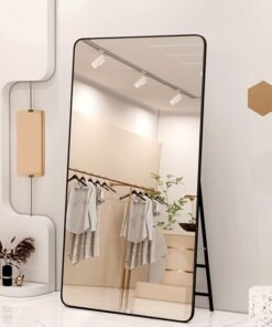 fashionhome Multipurpose Use Rectangular Shape Design Wide Full Length Mirror Standing Hanging or Leaning Against Wall Large Bedroom Floor Mirror Dressing Mirror Wall-Mounted Full Body Mirror Round Corner Durable Metal Frame Support Decorative Mirror for Living Room Home Shops 80x180 cm