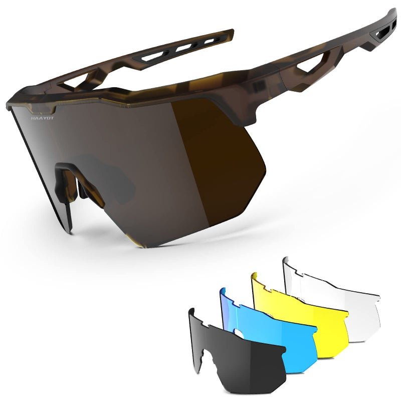 HAAYOT Polarized Cycling Glasses,Sports Sunglasses for Men Women,Baseball Biking Running Sunglasses 5 Lenses Dark Brown