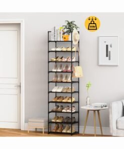 MYONE Shoe Rack With Stainless Steel Frame, Shoe Rack 10 Tier Tall Shoe Rack for Entryway 20 24 Pairs Shoe & Boots Organizer Storage Shelf Durable Black Metal Stackable Shoe Cabinet with Hooks