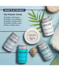 Terra Pure White Tea and Coconut Hotel Soaps and Toiletries Bulk Set | 1-Shoppe All-In-Kit for Hotels | 1oz Shampoo & Conditioner, Body Wash, Lotion & 1.25oz Bar Soap | Travel Size Toiletries 75 Piece