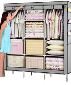 GRAZIA Portable Foldable Wardrobe Cabinet Collapsible Storage Almirah with DIY Rack Bigger and Better with Side Pockets on Both-Side - Grey