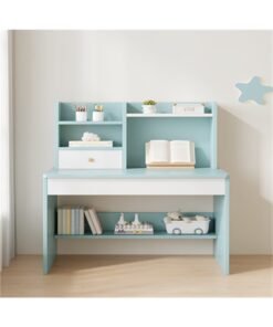 Kids Study Desk, Wooden Students Writting Table with Bookshelf and Storage Cabinet, Computer Table Office Desktop with Documents Storage Shelving Rack for Home Writting Reading and Office PC Notebook Working (Blue, YN118) - Image 3