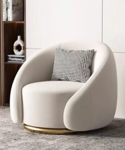 fashionhome Modern Luxury Swivel Lounge Chair with Sculptural Curved Backrest, Smooth Cream Upholstery, and Elegant Brushed Gold Base – A Contemporary Statement Piece Combining Comfort, Style, and Functionality for Living Rooms, Bedrooms 86 x 80 70 cm.