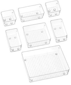XiuWoo 7-Piece Plastic Clear Desk Drawer Organizers Trays Set For Bedroom Dresser Makeup Kitchen Utensil Office