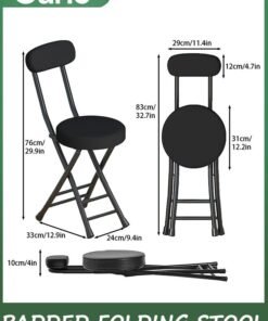Garlo Cushioned Padded Folding Stool, Counter Height Bar Stool, with Backrest PU Cushion Collapsible Stool, 150kg Capacity,for Fishing Hiking Gardening Travel BBQ(Black)