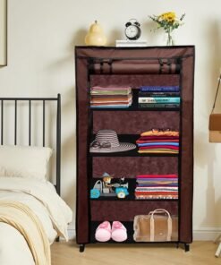 PHILOSHOP 4 Tier Collapsible Wardrobe Clothes Organizer Adjustable Racks Space Saving Foldable Stand Multipurpose Storage Shelves Lightweight Cabinet for Men, Women, Kids with Cover (Brown)