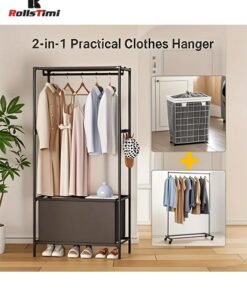RollsTimi  Portable Hanging Wardrobe Organizer with 3 Shelves, Dust Cover, and Storage Box for Coats and Clothes, Ideal for Bedroom Storage,Black