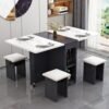 Extendable Folding Dining Table Set , Multifunctional Mobile Kitchen Table, Folding Kitchen Table with 2-Layer Shelf, 6 Wheels, With Four Benches