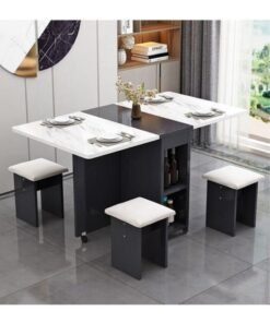 Extendable Folding Dining Table Set , Multifunctional Mobile Kitchen Table, Folding Kitchen Table with 2-Layer Shelf, 6 Wheels, With Four Benches