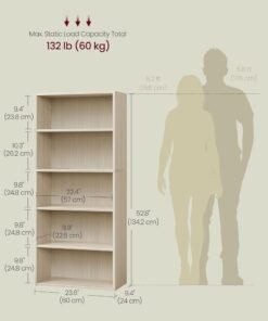 VASAGLE Custos Collection - Bookshelf, 5-Tier Bookcase, Book Shelf, Open Storage Shelf, 9.4 x 23.6 x 52.8 Inches, for Living Room, Home Office, Dinning Room, Natural Beige