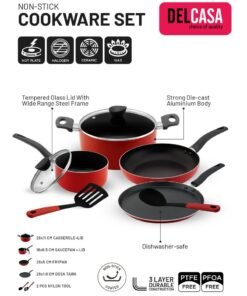 Delcasa 8Pc Nonstick Cookware Set Casserole+ Lid, Sauce pan+ Lid, Frypan, Dosa Tawa, 2pcs nylon tool