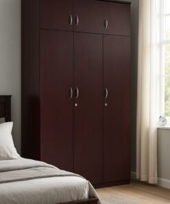 AFT Spacious  MDF 6-Door Wardrobe with Upper and Lower Storage, Hanging Rod, Shelves, Lockable and Drawer, Sleek Metallic Handles, and Durable Hinges – 240 cm (H) x 120 cm (W) x 50 cm (D) Mahogany Brown (ARFAN)