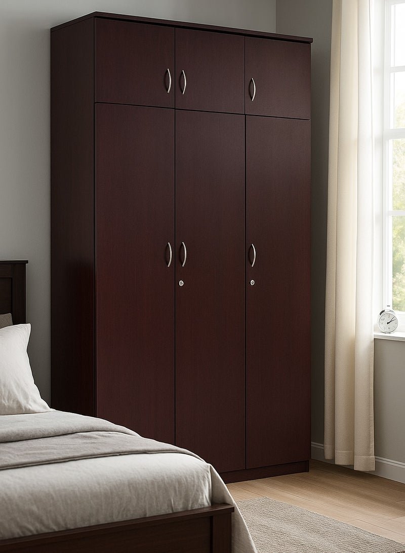 AFT Spacious MDF 6-Door Wardrobe with Upper and Lower Storage, Hanging Rod, Shelves, Lockable and Drawer, Sleek Metallic Handles, and Durable Hinges – 240 cm (H) x 120 cm (W) x 50 cm (D) Mahogany Brown (ARFAN)