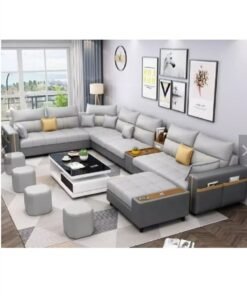 Al Zakharef Furniture Zahra Modern U-Shaped Sofa Set, 7 Seater PU Leather Sectional Couch with Chaise Lounge, Corner Living Room Furniture – Grey (389×231×86 cm)