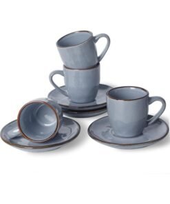 Famiware Ocean 4 Piece Set Stoneware Espresso Cups with Saucers, 3.34oz Espresso Cup Set, Perfect for Espresso and Macchiato, Microwave & Dishwasher Safe, Blue