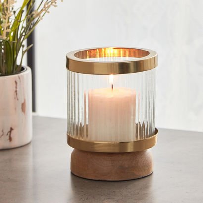 Liv Glass Metal Candleholder with Wooden Base - 11...