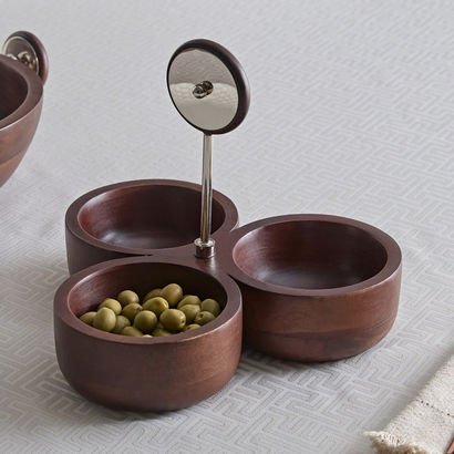 Obje Wooden 3-Nut Dish with Wheel Stem - 28 cm