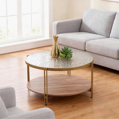 Leroy Round Glass Top Coffee Table with Shelf