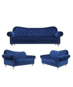 Ripple FURNITURE Luxury Velvet Button Tufted Sofa Modern Living Room Furniture 3,2,1 Seat Fabric Chesterfield, Navy Blue  224X87X85