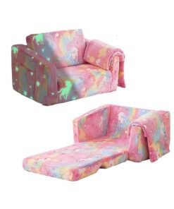 Extra Wide Kids Couch, 2-in-1 Soft Toddler Couch with Blanket, Glow in The Dark, Comfy Toddler Chair with Cloud Pillow, Convertible Sofa to Lounger, Star