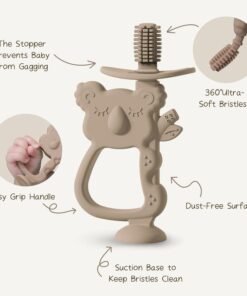 Moonkie Teething Toy, Safe & Easy to Hold BPA Free Silicone Teethers, 360° Baby Toothbrush with Suction Base, Teether Toys Best for Babies 6-12 Months (Koala Warm Taupe)