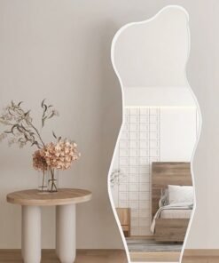 fashionhome Modern Scandinavian Design Full Length Mirror Standing Hanging or Leaning Against Wall Large Bedroom Floor Mirror Dressing Mirror Wall-Mounted Mirror Wood Frame Wavy Mirror Round Corner 40 x 150 cm
