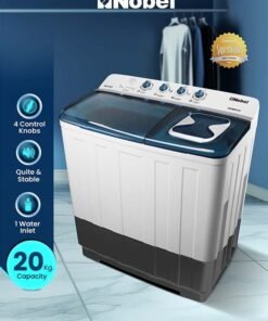 Nobel 20kg Wash / 10kg Spin Capacity Twin-Tub Semi-Automatic Washing Machine | With Knob Control, Timer, Hinged Spin Lid & 480W Wash Power – NWM2010 Light Grey 20 kg 480 W NWM2010 Light Grey with Blue Lid