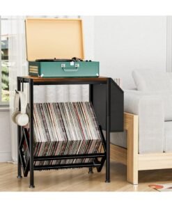 XiuWoo 2-Tier Moveable Metal Wood End table, Side Table, Coffee table, Vinyl Record Player Stand Table, Home Storage Rack, Nightstand Table with Organizer Pocket and Wheels for Home office - Image 4