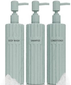KIBAGA Stylish Shampoo and Conditioner Dispenser Set of 3 - Modern 19oz Shower Soap Bottles with Pump and Labels - Easy to Refill Body Wash Dispensers for an Instant Bathroom Decor Upgrade