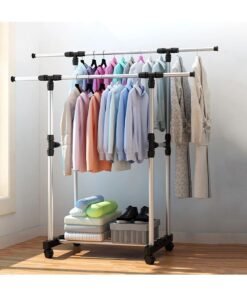 DOUBLE POLE Heavy Duty Double Pole Adjustable Portable Clothes Rack Hanger Extendable Rolling Multicolour