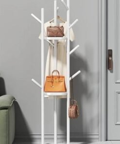 RATSAW Clothes Hanger and Rack with a Modern and Elegant Design Coat Racks Freestanding Coat Hanger Stand Hall Tree Coat Rack for Hanging Hats ScarvesBags Modern Coat Rack with Double Shelves Corner Coat Rack, 9 Hooks - White Colour