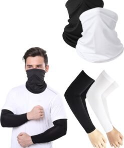 Wish Plus 2 Pairs Uv Protection Cooling Arm Sleeves Face Mask Set-Sun Protective Face Mask Long Sleeves For Men Women,  For Running, Golf, Basketball, Cycling, Covering Tattoos.