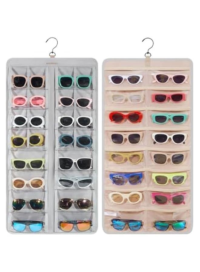 Arabest Hanging Jewelry Organizer, Dust Proof Sunglasses Storage Case Wall Mounted, Travel Dual Sided Glasses Case Multiple Pairs, Eyeglasses Holder with 32 Clear Slots & Metal Hook, Grey