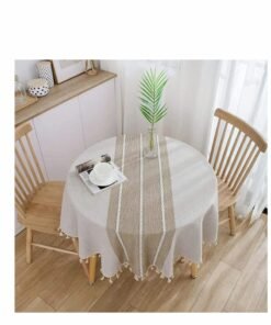 KASTWAVE Simplicity and Fashion Table Cloth Tassel Cotton Linen Table Cover for Kitchen Dinning Wrinkle Free Table Cloths (Coffee, 60 in Round)