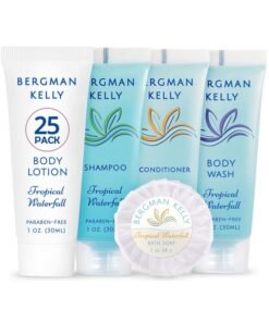 BERGMAN KELLY Hotel Toiletries Bundle (Tropical Waterfall, 1 oz each, 125 Pieces) 5-Piece Set: 25 each Round Bar Soap, Shampoo, Conditioner, Body Lotion & Body Wash - Bulk Mini Guest Amenities
