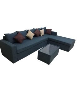 Maharat Al Bahar L Shape-Cerbo Diwan Velvet Sofa Set 5 Seater With Cushion And Table Blue 260x80x80