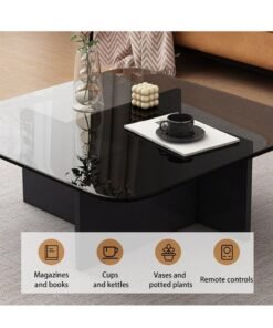 Alternative view of XiuWoo Tempered Glass Square Coffee Tables,Unique Modern Table,Clear Coffee Table,Mid-Century Modern Abstract End Table with Wooden Base for Living Room Home Office 70*70*36cm