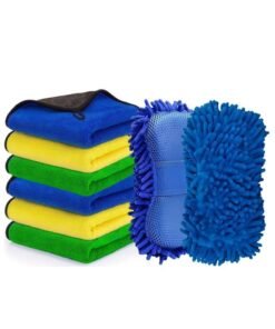 Lesha Car Towel Microfiber Cleaning Cloth, 6 Towel with 2 sponges(Pack of 8) - Multipurpose Car Towels or Microfiber Car Drying Towel for Washing, Drying, Dusting and Cleaning (40 x 30 cm)