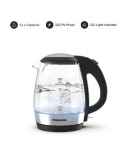 NIKAI Compact, Electric Glass Kettle, Effortless Boiling Elegance, Auto Lid Opening, Led Indicator, Boil Dry Protection, Integrated Filter, 360° Rotating Base For Home And Office Use 1.2 L 2200 W NK303G Clear/Silver/Black