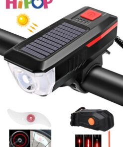 HIPOP Bike Light Set, Solar and USB Charging Bike Light with High-Decibel Horn for Night Riding, T6 LED Super Bright Bicycle Light with 3 Modes, Waterproof, Headlight, Tail and Wheel Light, Easy to Install